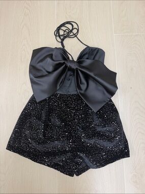 Zara Black Sequin Strapless Romper with Satin Bow Halter